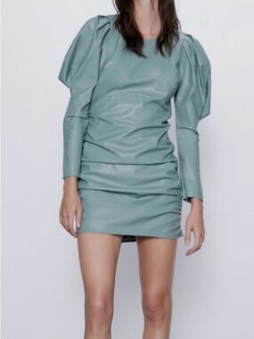 Zara Green-Gray Long Puff-Sleeve Pleather Ruched Faux Leather Mini Dress Size S